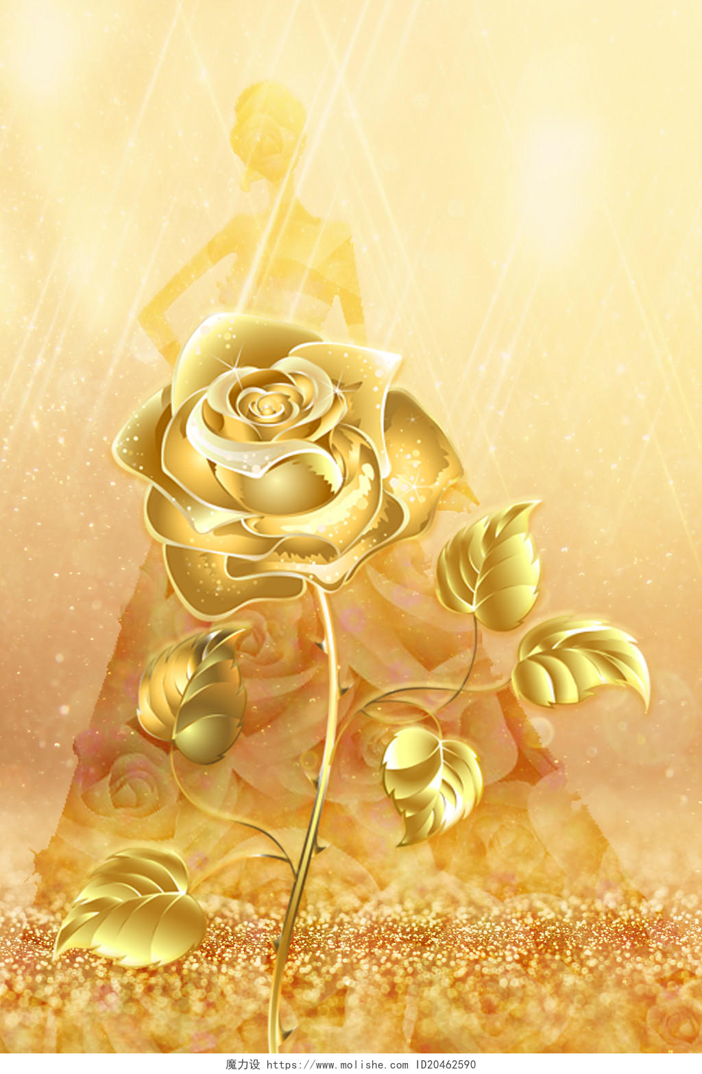 金色高端创意女人人物剪影花朵鲜花玫瑰花海报背景鲜花背景